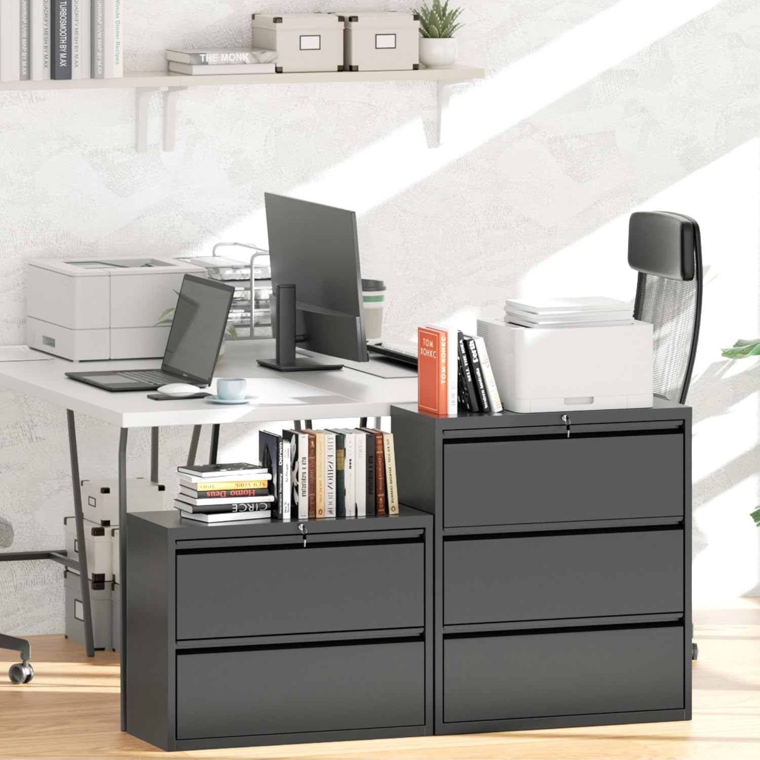 Greenvelly 2 Drawer File Cabinet, Black Lateral File Cabinet with Lock,Metal Filing Cabinet for Home Office, Lockable File Cabinets for Legal/Letter/A4/F4 Size with Hanging Files&Key - Image 8
