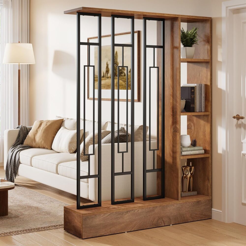 Tribesigns Wall Room Divider with Display Shelves, 70.9" Modern Freestanding Room Divider Screen with Sturdy Base, Wall Partition for Home & Office (Brown & Black, 47.2" W x 11.8" D x 70.9" H)