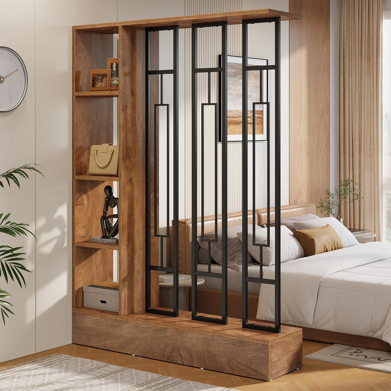 Tribesigns Wall Room Divider with Display Shelves, 70.9" Modern Freestanding Room Divider Screen with Sturdy Base, Wall Partition for Home & Office (Brown & Black, 47.2" W x 11.8" D x 70.9" H) - Image 3