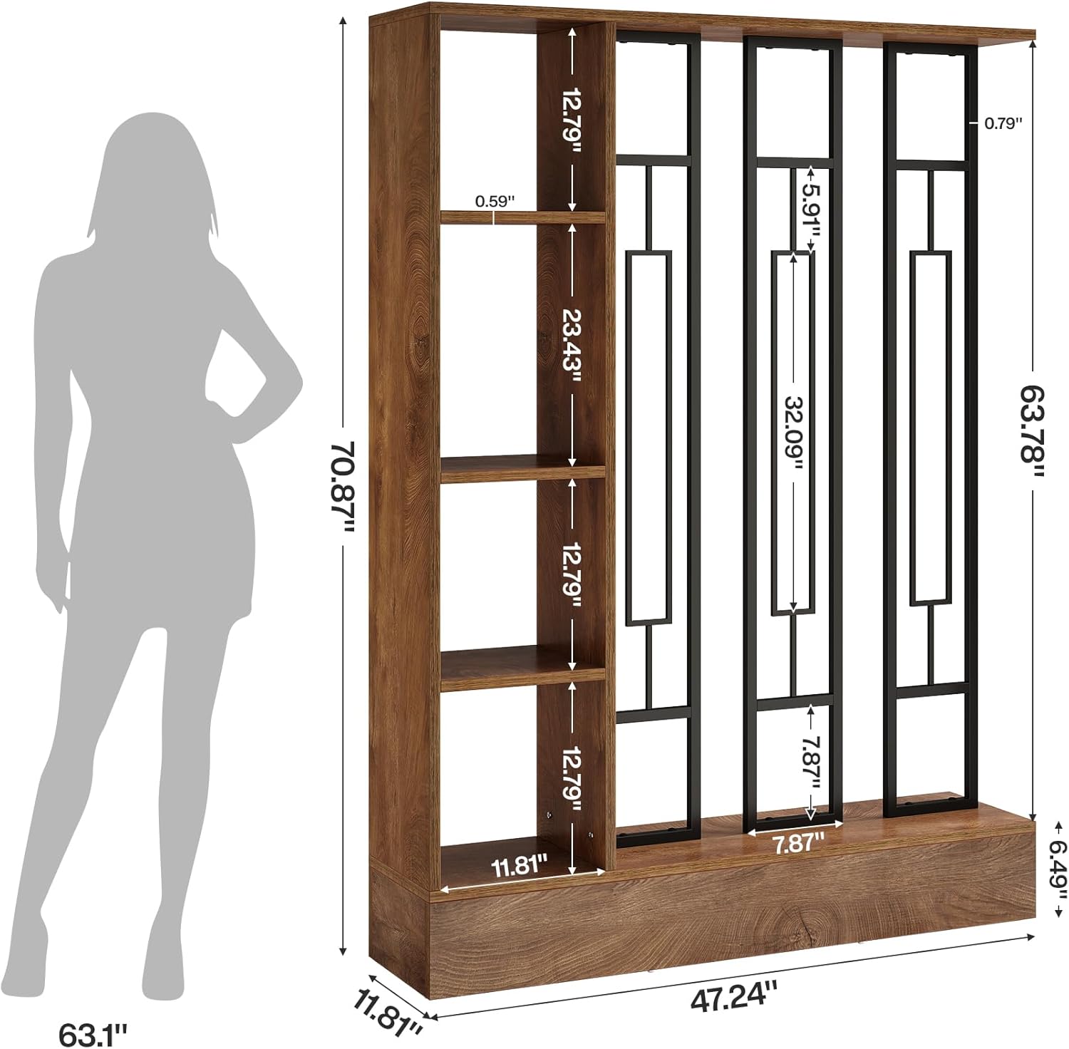 Tribesigns Wall Room Divider with Display Shelves, 70.9" Modern Freestanding Room Divider Screen with Sturdy Base, Wall Partition for Home & Office (Brown & Black, 47.2" W x 11.8" D x 70.9" H) - Image 4