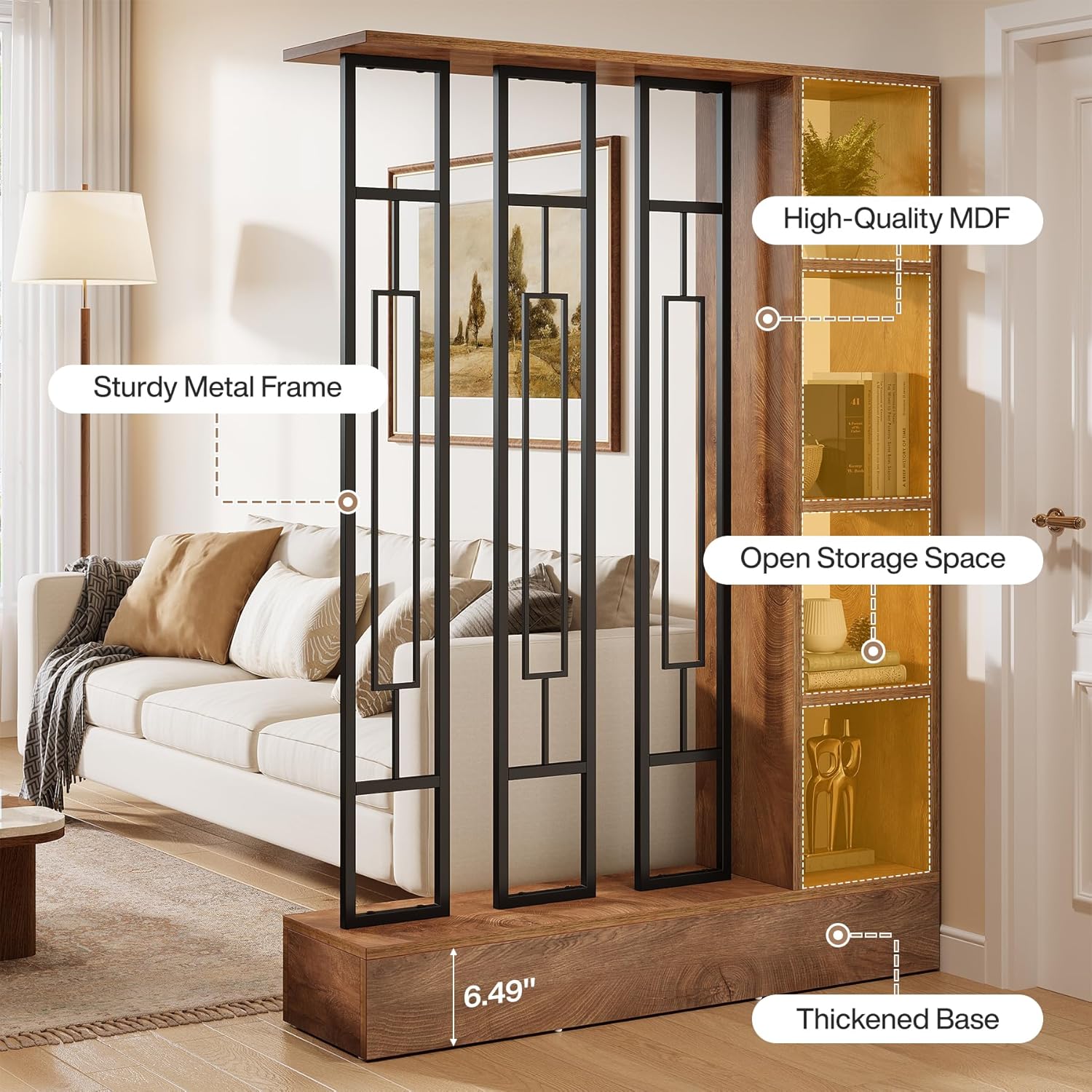 Tribesigns Wall Room Divider with Display Shelves, 70.9" Modern Freestanding Room Divider Screen with Sturdy Base, Wall Partition for Home & Office (Brown & Black, 47.2" W x 11.8" D x 70.9" H) - Image 6